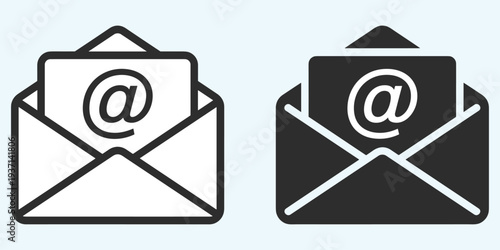 Two email icons with an at symbol on a card inside an open envelope Keywords: email, envelope, at symbol, message, communication