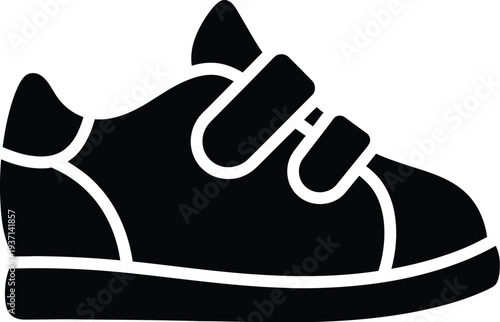 Photos Kids Sneaker Black Solid Glyph Icon – Flat Vector Kids Shoe Silhouette for Sport