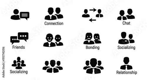 Black icons depicting people connecting and communicating a minimalist silhouette