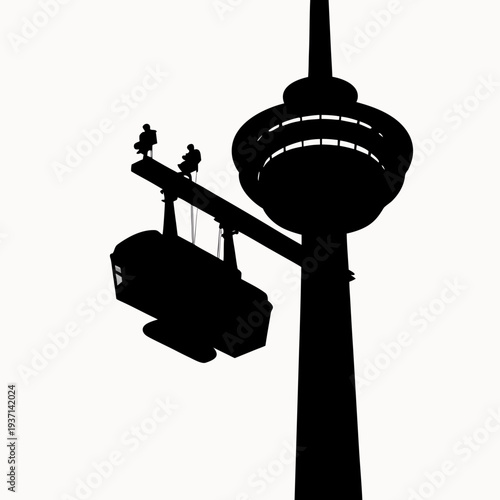 Maintenance workers on aerial lift near communication tower