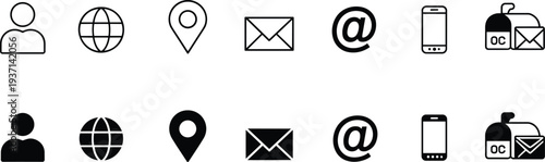 Two rows of black and white contact icons with person, globe, map pin, mail, at symbol, phone, and mailbox