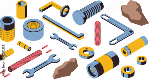 Isometric industrial mechanical parts and tools set, wrench, springs, bolts, engineering equipment vector illustration collection design
