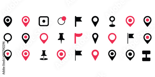 Variety of black and red map pins flags and pushpins on white Background Keywords: location pin, map marker, navigation icon, GP