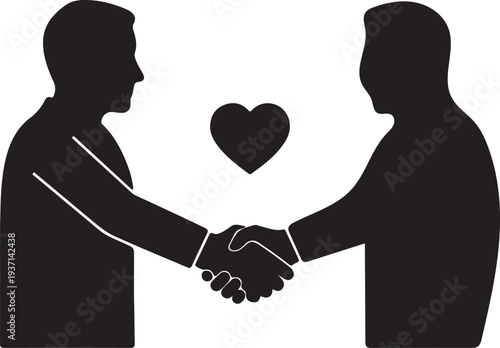 Two men shaking hands with a heart between them