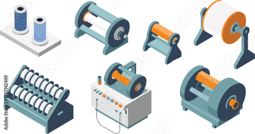 Isometric industrial wire and cable winding machines with spools rollers factory manufacturing equipment production machinery illustration set