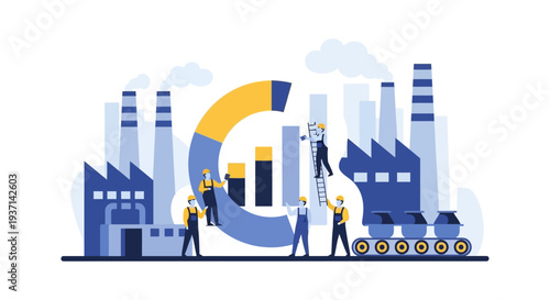 Industrial Production Growth & Data Analysis. Factory Workers Optimizing Manufacturing Processes & Efficiency with Charts.