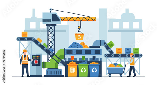 Waste Recycling Plant: Industrial Sorting and Processing of Materials with Workers, Conveyor Belts, and Machinery for Sustainability.