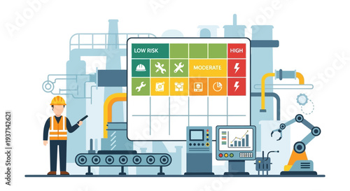 Factory Safety & Risk Management: Worker Overseeing Industrial Automation and Hazard Matrix