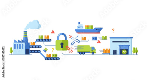 Supply Chain Security Risk & Disruption. Vulnerable Logistics, Broken Blockchain Technology, and Data Breach Concept Illustration
