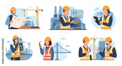 Construction and Engineering Teams: Diverse Professionals in Building, Infrastructure, Surveying, and Project Management with Safety Gear