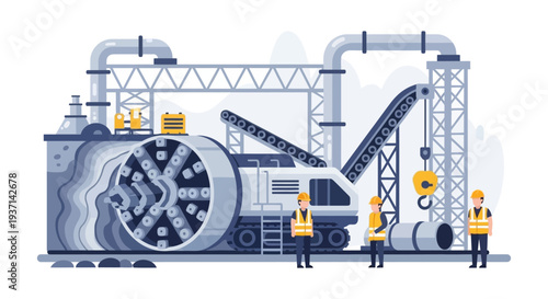 Tunnel Boring Machine (TBM) at Work: Civil Engineering & Underground Infrastructure Construction with Workers