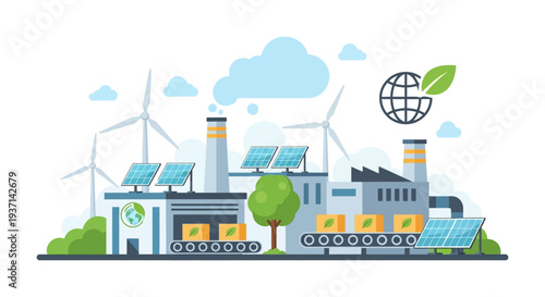 Green Factory Integrating Renewable Energy: Sustainable Industry with Solar Panels and Wind Turbines for Eco-Friendly Manufacturing