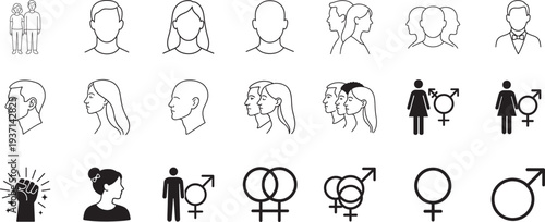 Gender related thin line vector icon set with male, female, transgender, and equality symbols.