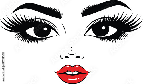 Glamorous female face illustration with bold eyebrows, long eyelashes, red glossy lips, beauty makeup vector portrait isolated design