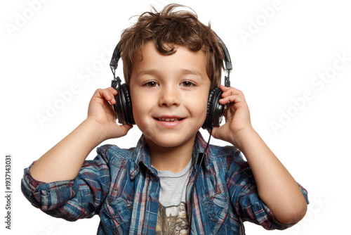Boy Wearing Headphones Isolated on White Transparent Background Technology