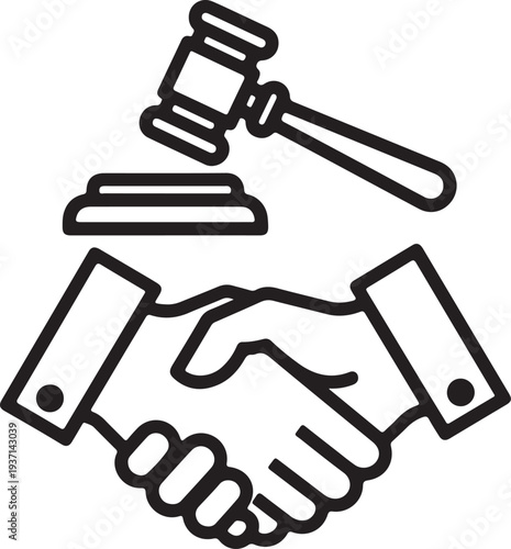 Lawyer handshake and gavel icon for legal agreement or contract