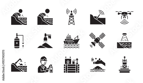 Collection of modern black and white industrial icons for business and technology