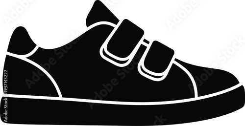 Velcro Strap Sneaker Black Solid Glyph Icon – Flat Vector Velcro Shoe Silhouette for Sports, Fashion & UI Design