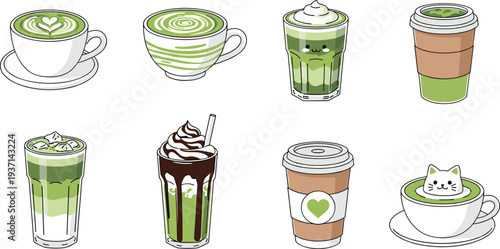 Matcha Green Tea and Specialty Latte Set Featuring Iced Drinks Takeaway Cups and Kawaii Cat Foam Art