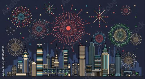 Colorful Fireworks Display Over City Skyline at Night.