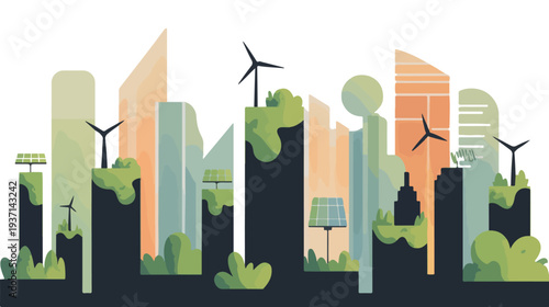 Green city skyline with wind turbines and solar panels