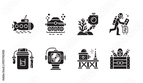 Set of modern underwater exploration and technology icons in black