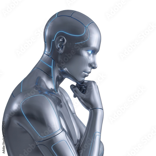 Cyborg contemplating future with blue glowing circuits and robotic body