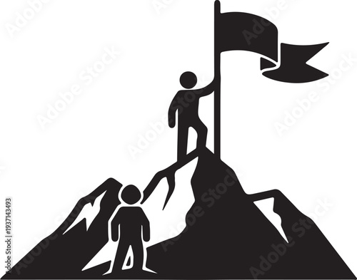 Two silhouette figures on a mountain peak with flag