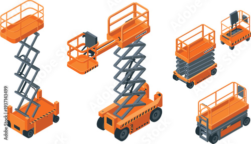 Isometric scissor lift platforms aerial work lifts mobile elevated work platforms construction maintenance equipment industrial machinery illustration set