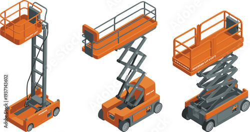 Isometric scissor lift platforms and aerial work lifts construction maintenance equipment mobile elevated work platform industrial machinery illustration