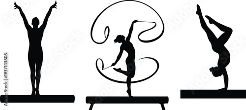 Gymnast Silhouette Set Vector Illustration Rhythmic and Artistic Gymnastics Athlete Performing Balance Rope Routine Handstand Sports Collection Design