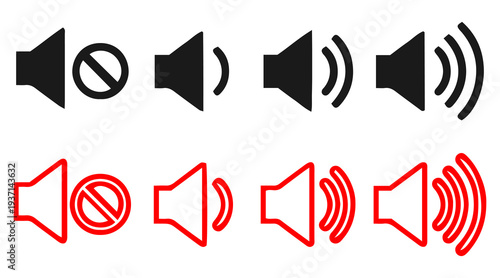 Various sound and audio volume control icons displayed in a row. Vector