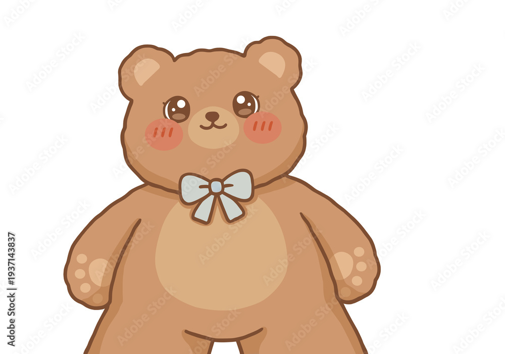 Fototapeta premium Cute kawaii teddy bear character with blue bow tie. Adorable brown plush toy mascot illustration isolated on white background