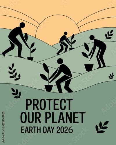 People planting trees on rolling hills under a sun