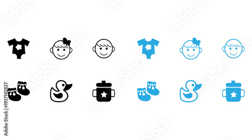 Black silhouette icons set depicting essential baby care items