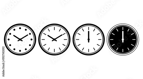 Four clocks showing different times in black and white.