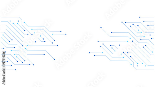 Futuristic circuit board design with blue lines and dots on white background