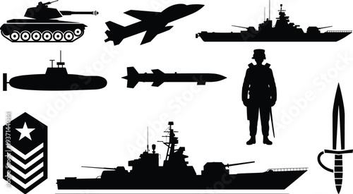 Silhouette illustration collection of diverse military objects including tank, jet aircraft, battleship, submarine, missile, soldier, rank insignia, warship, and combat knife, defense icons set