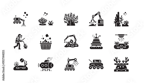 Underwater robotics and marine ecosystem icons for tech and environmental projects