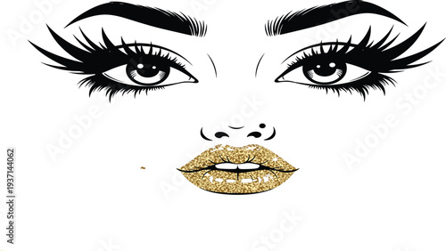 Glamorous female face illustration with dramatic eyes, long lashes, bold brows and glittering gold lips isolated minimalist vector art