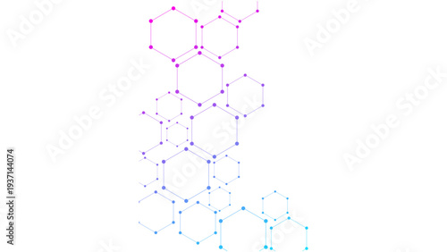 Vibrant hexagons in pink, purple, and blue hues connect in modern graphic