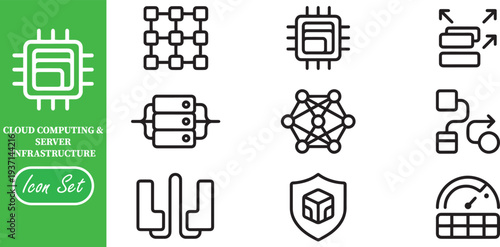 Cloud Computing and Server Infrastructure Line Icon Set: SaaS User Management, Reliable Data Hosting, and Network Security Symbols
