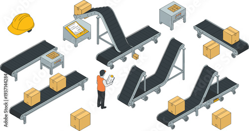 Isometric warehouse conveyor system with boxes operator control panels and automated logistics packaging production line illustration