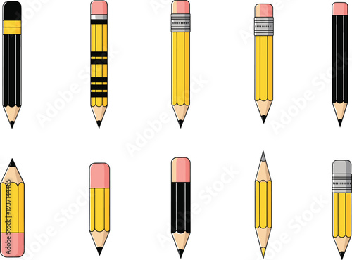 Pencil vector icon set collection school stationery writing drawing pencils with eraser isolated education tool illustration design