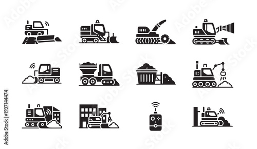 Collection of modern construction vehicles and equipment icons