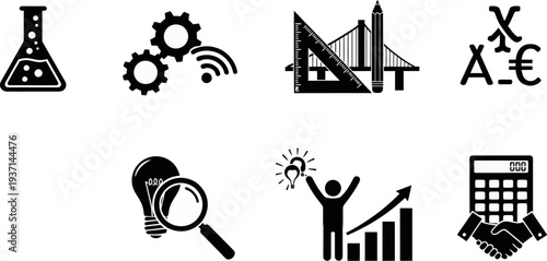 Collection of business and science icons in black and white vector graphics format