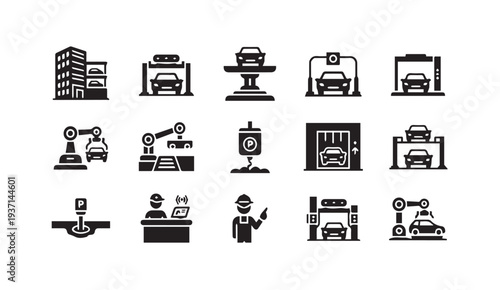 Modern car manufacturing and parking icons for business and technology use