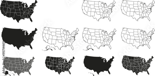 Collection of United States maps in various styles and colors  isolated on white background