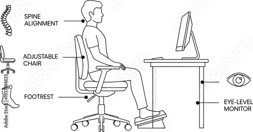 Ergonomic office setup for healthy sitting with adjustable chair footrest and eye level monitor