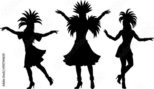 silhouettes of three women dancing in dresses and high heels with feathered hair